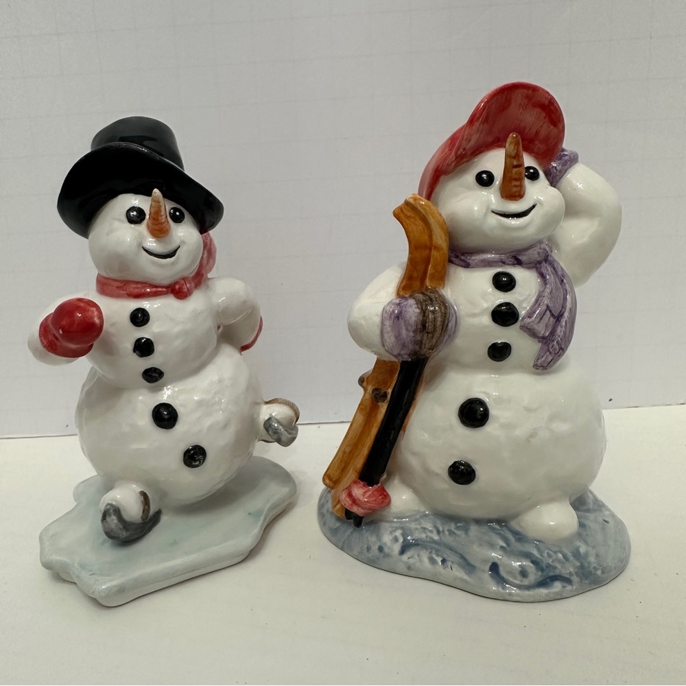 Goebel Ceramic Snowman Figurines Lot of 2 Ice Skater & Skier 4.5” Winter Decor
